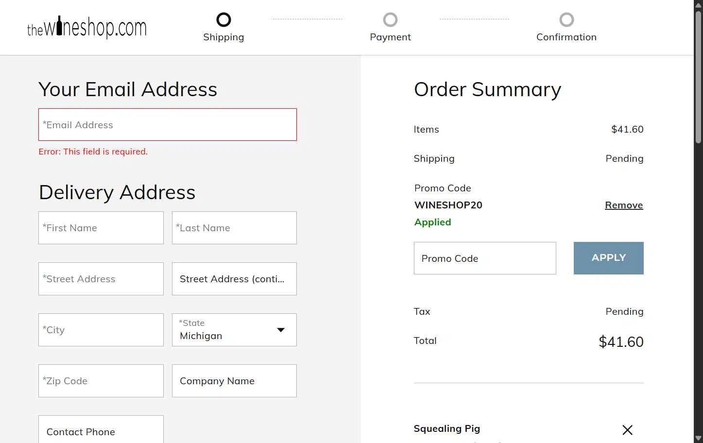The Wine Shop checkout page showing The Wine Shop promo code box | Screenshot taken by SimplyCodes community member on Sep 18, 2025