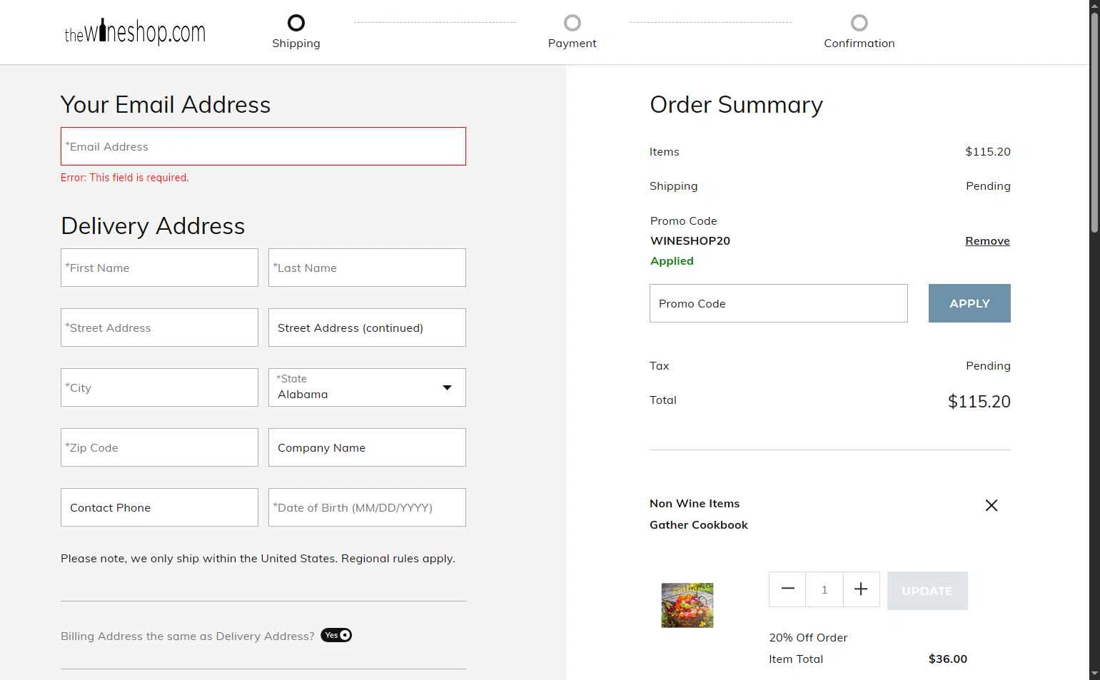 The Wine Shop checkout page showing The Wine Shop promo code box | Screenshot taken by SimplyCodes community member on Oct 6, 2025