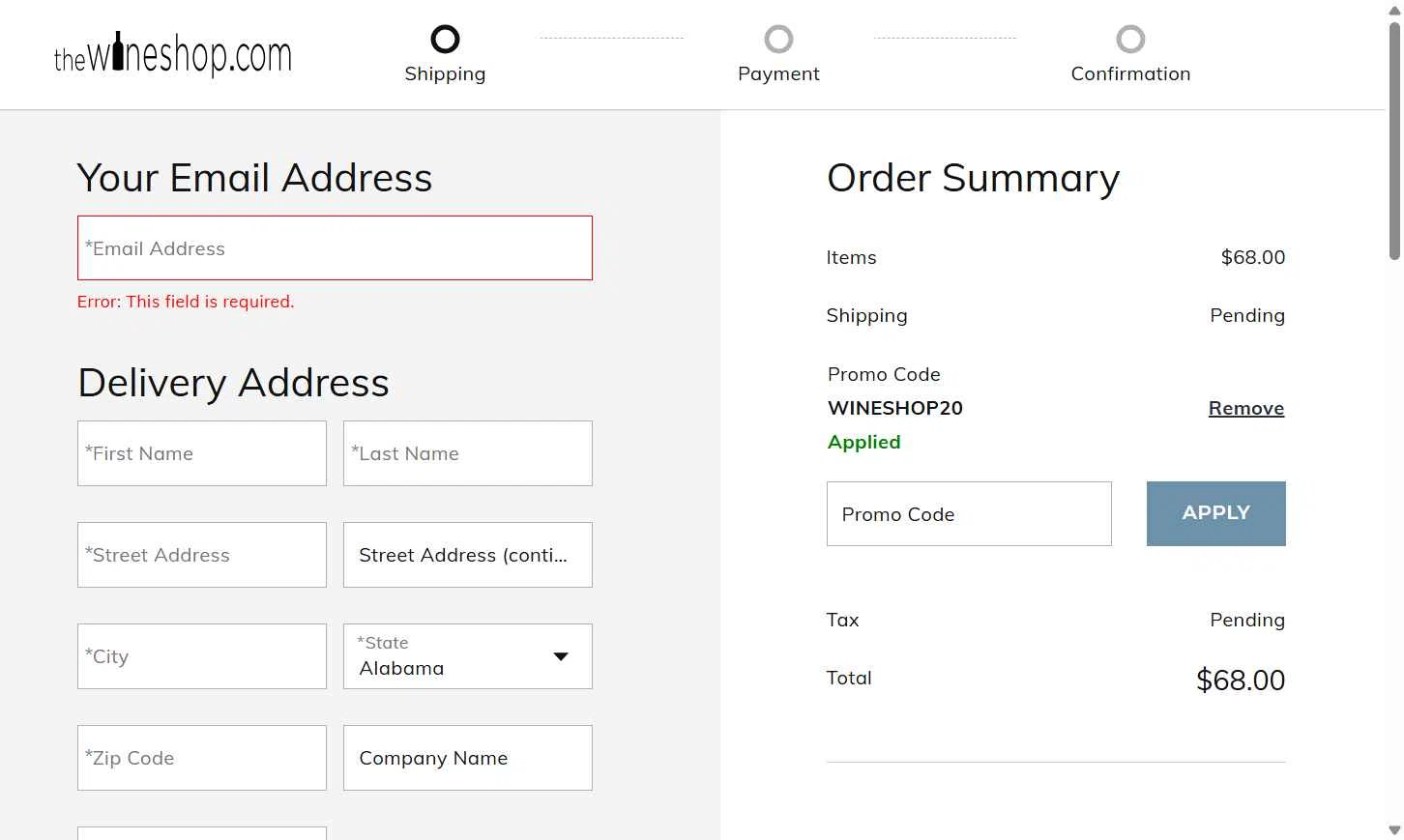 The Wine Shop checkout page showing The Wine Shop promo code box | Screenshot taken by SimplyCodes community member on Jan 16, 2026