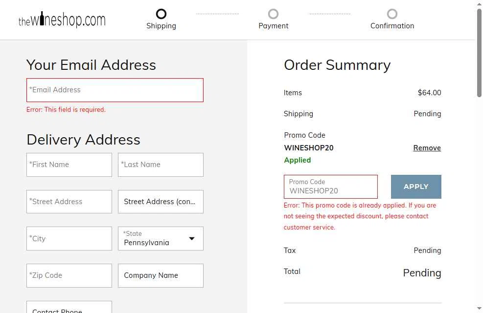 The Wine Shop checkout page showing The Wine Shop promo code box | Screenshot taken by SimplyCodes community member on Jul 14, 2025