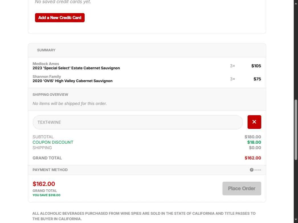 The Wine Spies checkout page showing The Wine Spies promo code box | Screenshot taken by SimplyCodes community member on Oct 3, 2025