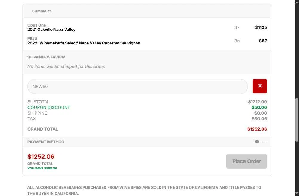 The Wine Spies checkout page showing The Wine Spies promo code box | Screenshot taken by SimplyCodes community member on May 21, 2025