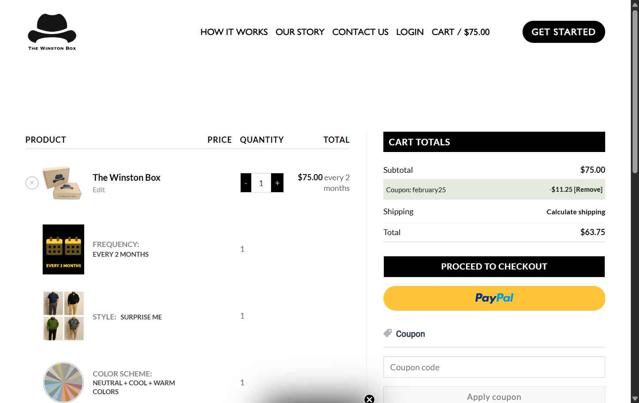 The Winston Box checkout page showing The Winston Box coupon code box | Screenshot taken by SimplyCodes community member on Aug 27, 2025
