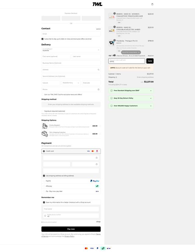 TWL checkout page showing TWL discount code box | Screenshot taken by SimplyCodes community member on Mar 7, 2025