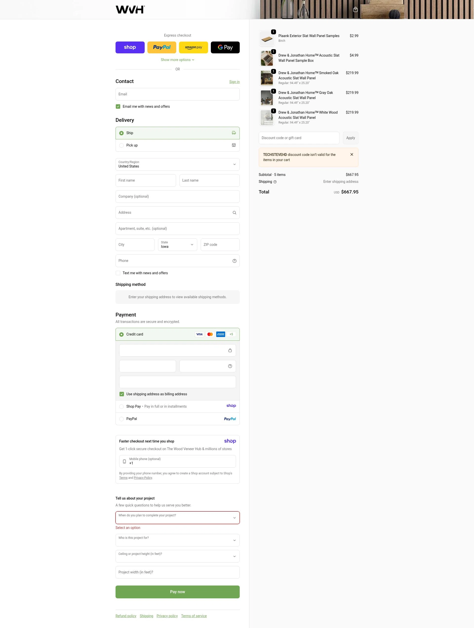 The Wood Veneer Hub checkout page showing The Wood Veneer Hub promo code box | Screenshot taken by SimplyCodes community member on Jan 10, 2026
