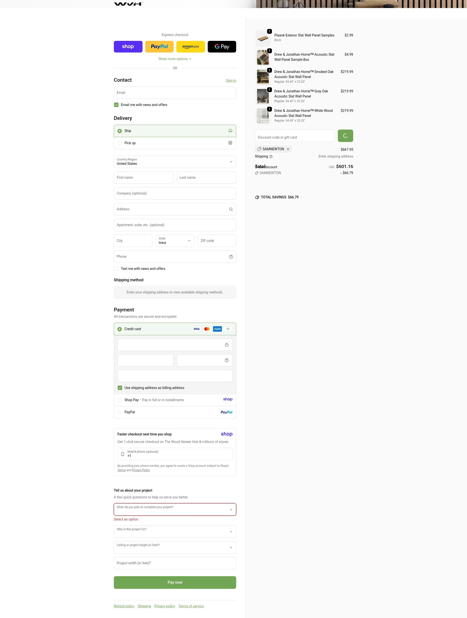 The Wood Veneer Hub checkout page showing The Wood Veneer Hub promo code box | Screenshot taken by SimplyCodes community member on Jan 10, 2026