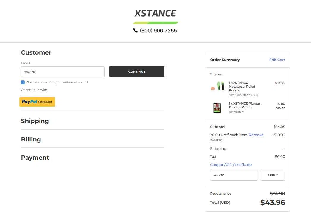 Xstance Insoles checkout page showing Xstance Insoles promo code box | Screenshot taken by SimplyCodes community member on Nov 8, 2025