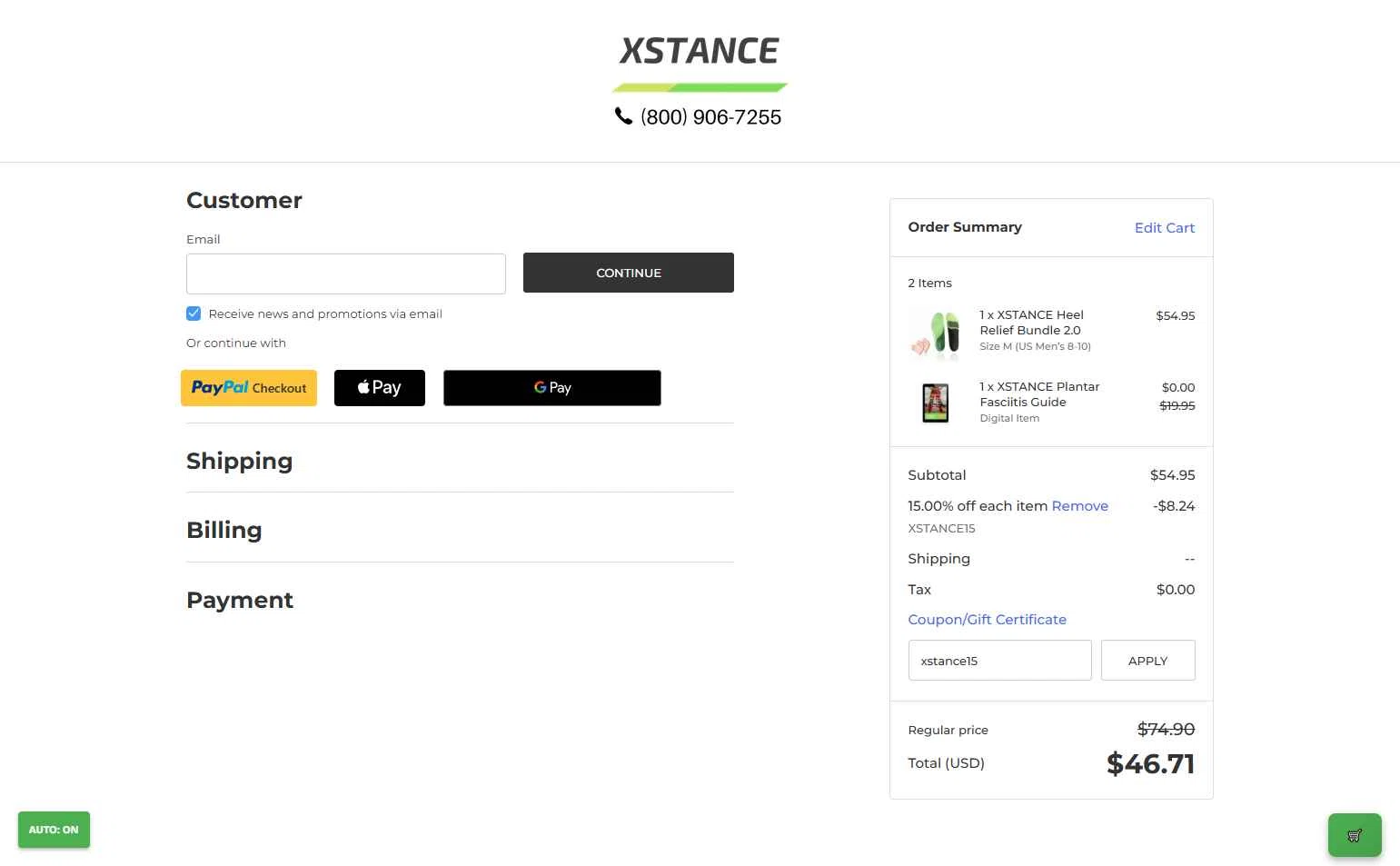 Xstance Insoles checkout page showing Xstance Insoles promo code box | Screenshot taken by SimplyCodes community member on Nov 25, 2025