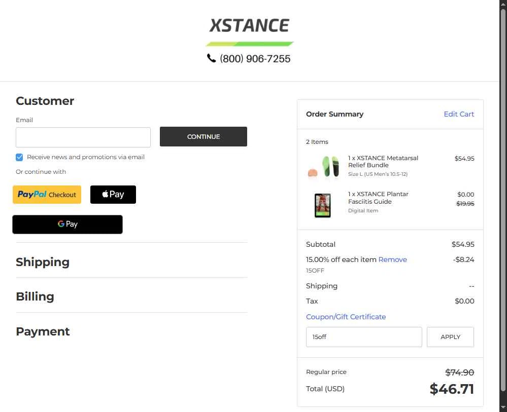 Xstance Insoles checkout page showing Xstance Insoles promo code box | Screenshot taken by SimplyCodes community member on Nov 8, 2025
