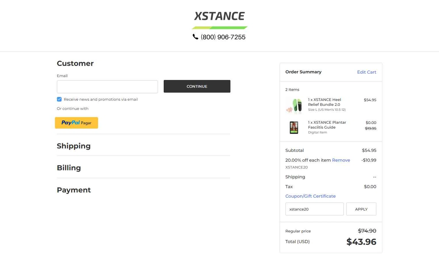 Xstance Insoles checkout page showing Xstance Insoles promo code box | Screenshot taken by SimplyCodes community member on Dec 6, 2025