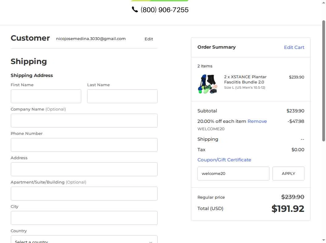 Xstance Insoles checkout page showing Xstance Insoles promo code box | Screenshot taken by SimplyCodes community member on Nov 8, 2025