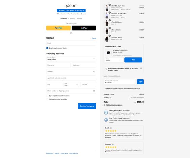 The X Suit checkout page showing The X Suit promo code box | Screenshot taken by SimplyCodes community member on Sep 11, 2025