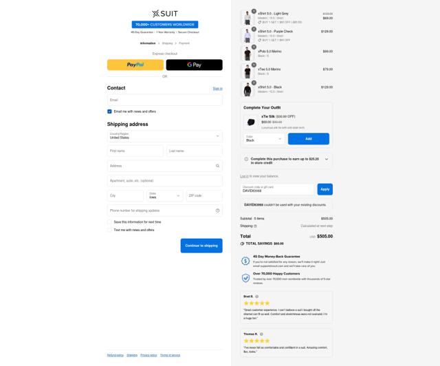 The X Suit checkout page showing The X Suit promo code box | Screenshot taken by SimplyCodes community member on Sep 11, 2025