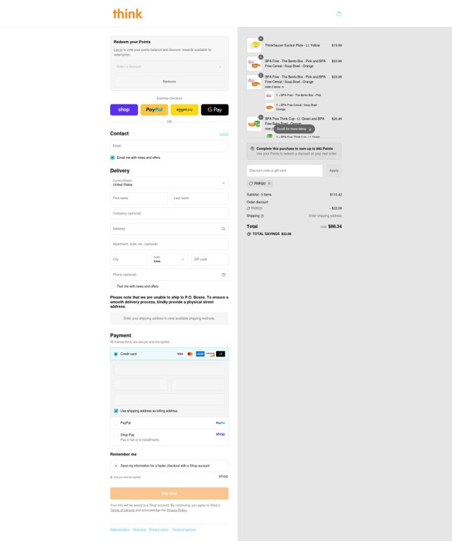 Thinkbaby checkout page showing Thinkbaby promo code box | Screenshot taken by SimplyCodes community member on Sep 8, 2025