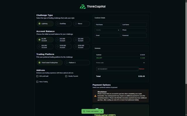 Think Capital checkout page showing Think Capital promo code box | Screenshot taken by SimplyCodes community member on Aug 25, 2025