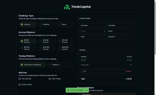 Think Capital checkout page showing Think Capital promo code box | Screenshot taken by SimplyCodes community member on Sep 16, 2025