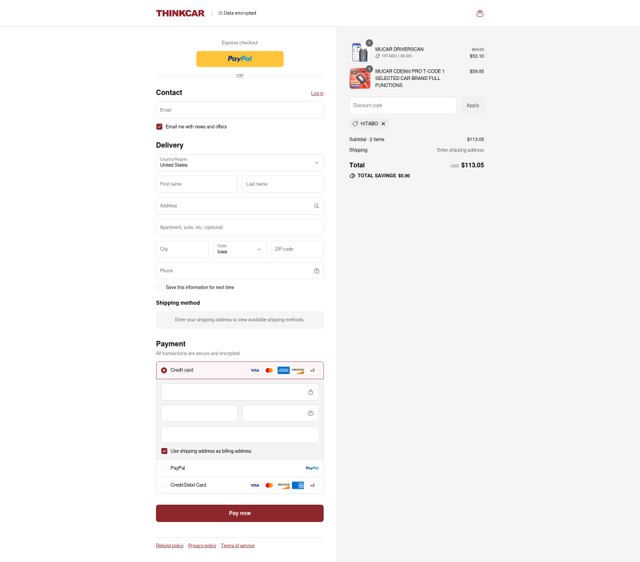 Thinkcar checkout page showing Thinkcar promo code box | Screenshot taken by SimplyCodes community member on Sep 3, 2025