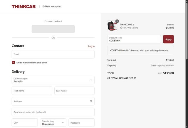 Thinkcar checkout page showing Thinkcar promo code box | Screenshot taken by SimplyCodes community member on Sep 3, 2025