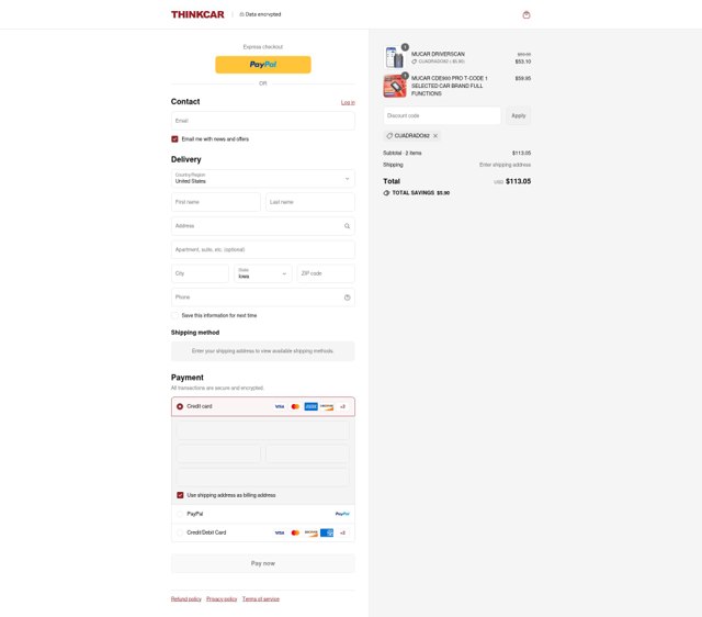 Thinkcar checkout page showing Thinkcar promo code box | Screenshot taken by SimplyCodes community member on Sep 3, 2025