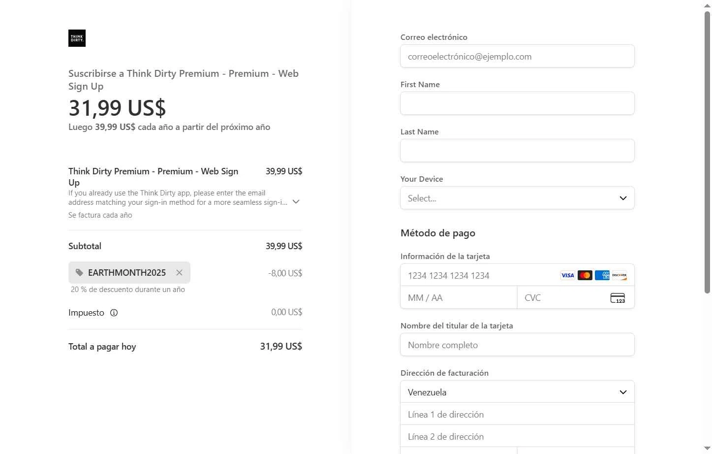 Think Dirty App checkout page showing Think Dirty App promo code box | Screenshot taken by SimplyCodes community member on Jan 10, 2026