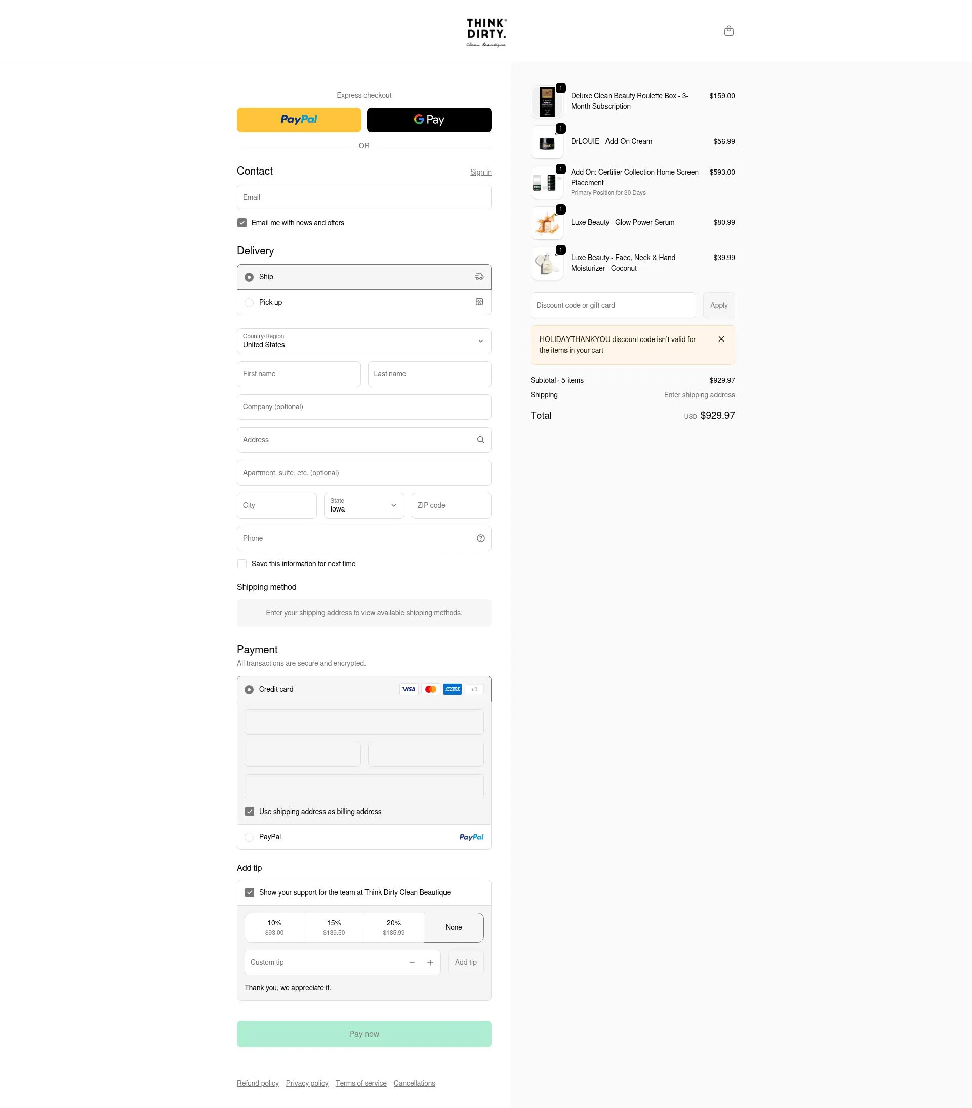 Think Dirty App checkout page showing Think Dirty App promo code box | Screenshot taken by SimplyCodes community member on Jan 25, 2026