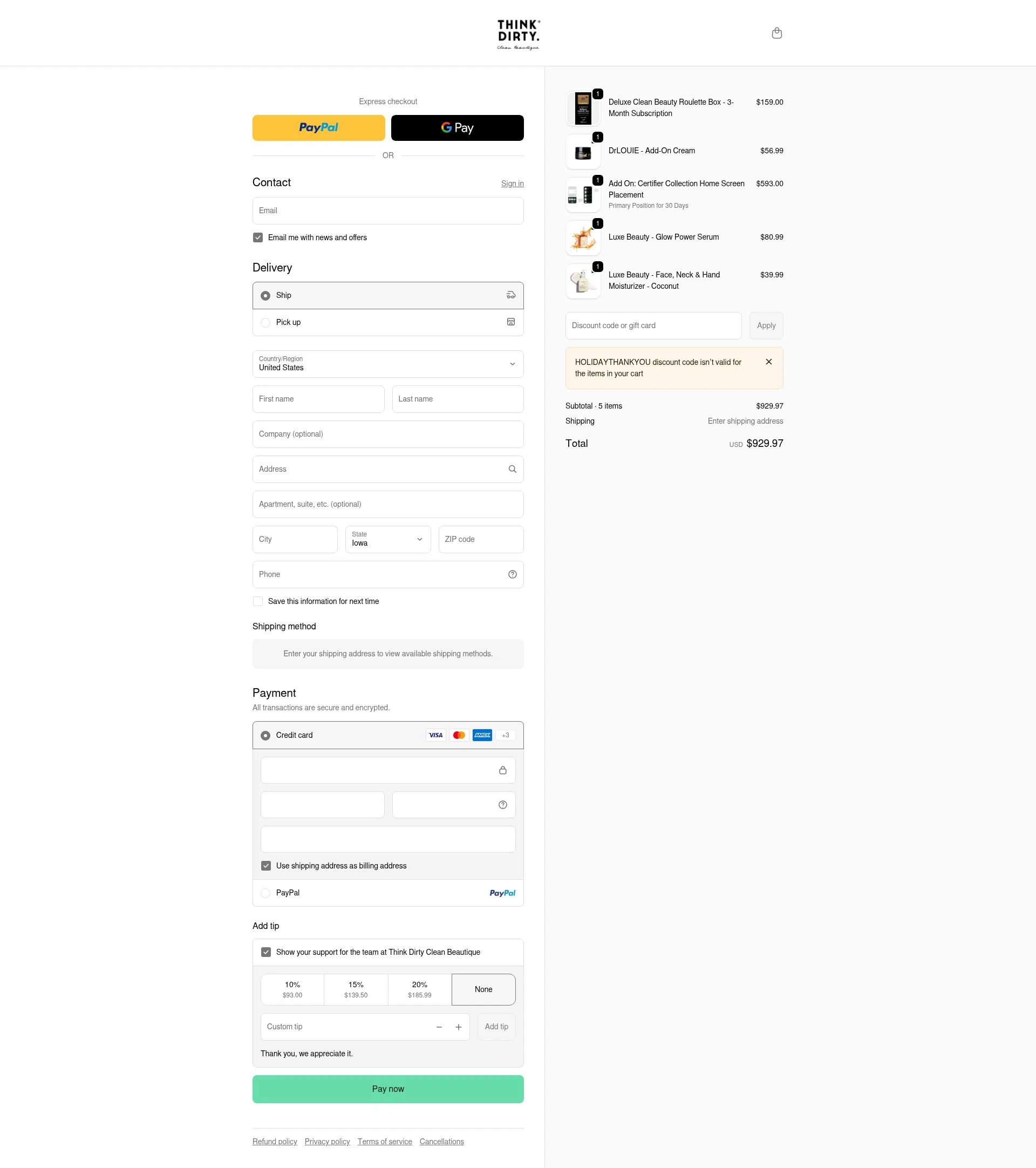 Think Dirty App checkout page showing Think Dirty App promo code box | Screenshot taken by SimplyCodes community member on Jan 10, 2026