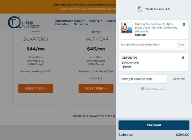Think Outside checkout page showing Think Outside coupon code box | Screenshot taken by SimplyCodes community member on Jun 2, 2025