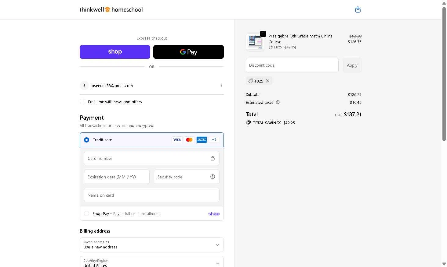 Thinkwell Homeschool checkout page showing Thinkwell Homeschool discount code box | Screenshot taken by SimplyCodes community member on Jan 29, 2026