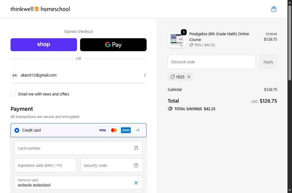 Thinkwell Homeschool checkout page showing Thinkwell Homeschool discount code box | Screenshot taken by SimplyCodes community member on Dec 2, 2025