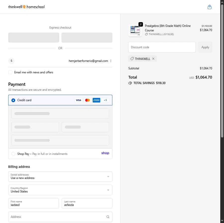 Thinkwell Homeschool checkout page showing Thinkwell Homeschool discount code box | Screenshot taken by SimplyCodes community member on Dec 31, 2025