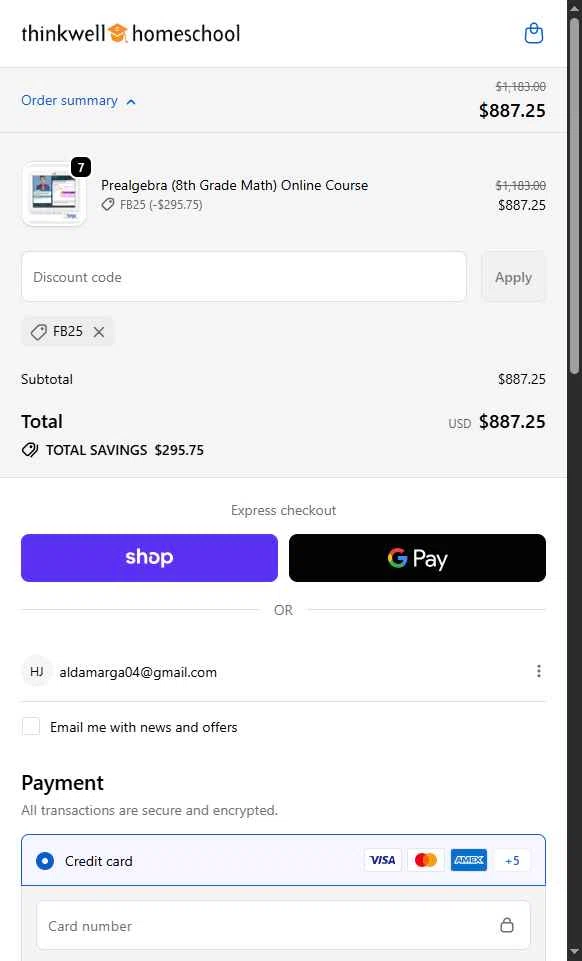 Thinkwell Homeschool checkout page showing Thinkwell Homeschool discount code box | Screenshot taken by SimplyCodes community member on Oct 6, 2025