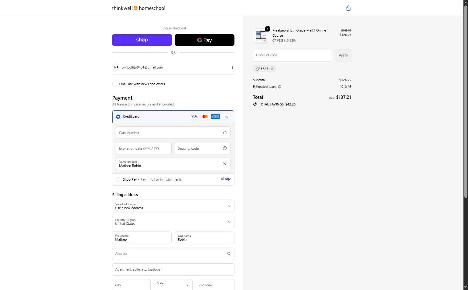 Thinkwell Homeschool checkout page showing Thinkwell Homeschool discount code box | Screenshot taken by SimplyCodes community member on Nov 3, 2025