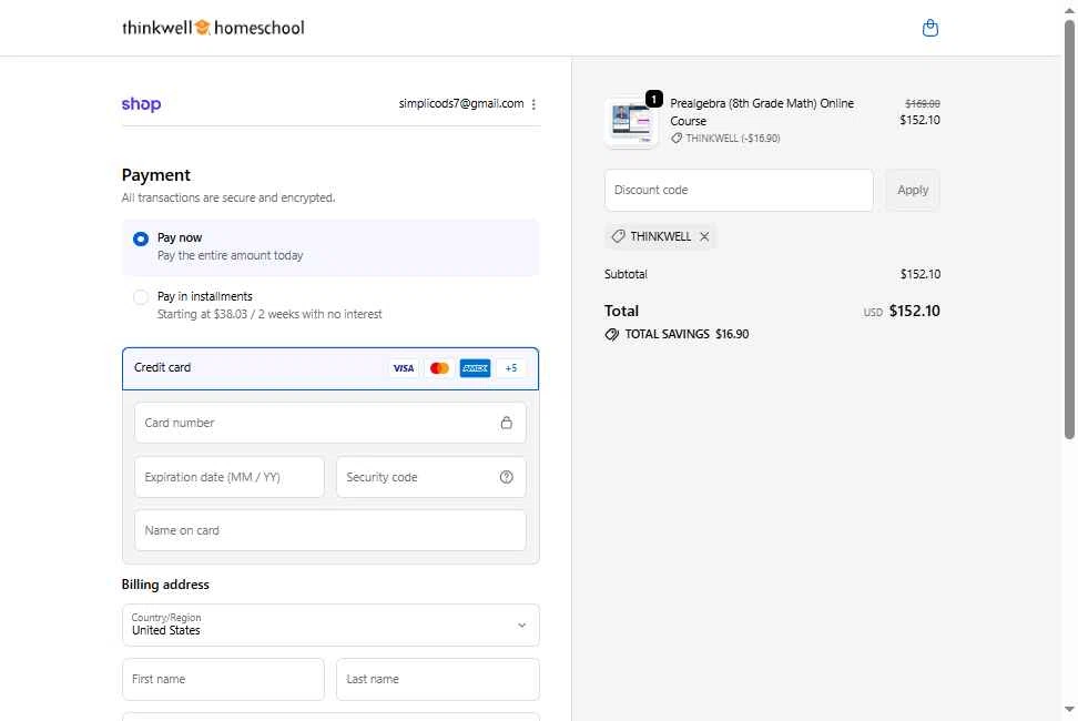 Thinkwell Homeschool checkout page showing Thinkwell Homeschool discount code box | Screenshot taken by SimplyCodes community member on Dec 2, 2025