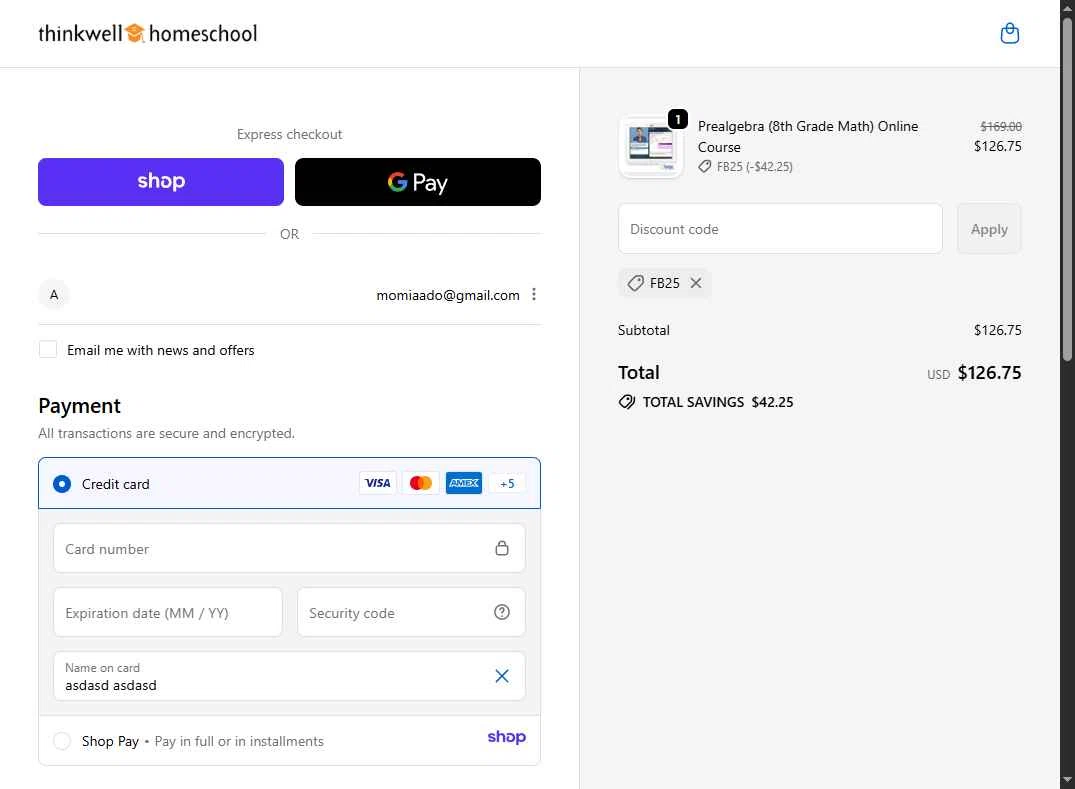 Thinkwell Homeschool checkout page showing Thinkwell Homeschool discount code box | Screenshot taken by SimplyCodes community member on Dec 31, 2025