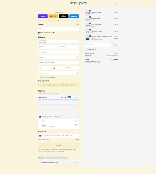 ThinOptics checkout page showing ThinOptics discount code box | Screenshot taken by SimplyCodes community member on Sep 7, 2025