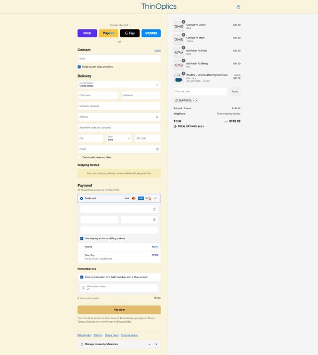 ThinOptics checkout page showing ThinOptics discount code box | Screenshot taken by SimplyCodes community member on Sep 7, 2025