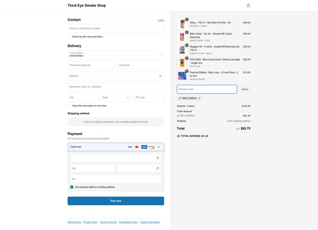 Third Eye Smoke Shop checkout page showing Third Eye Smoke Shop discount code box | Screenshot taken by SimplyCodes community member on Apr 1, 2025