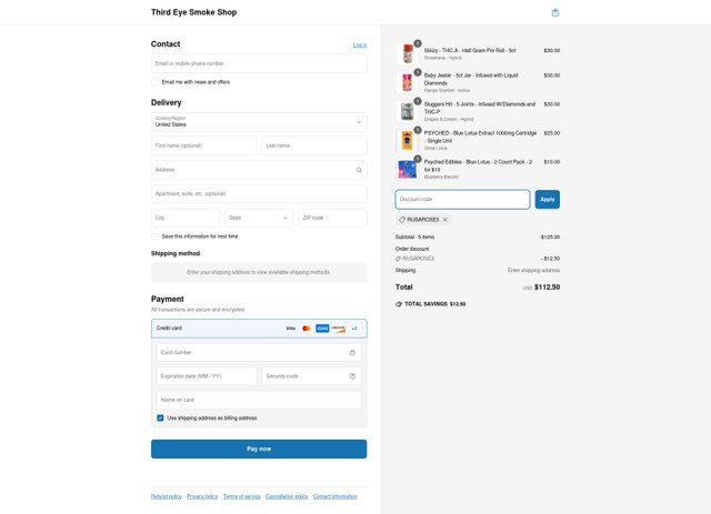 Third Eye Smoke Shop checkout page showing Third Eye Smoke Shop discount code box | Screenshot taken by SimplyCodes community member on Apr 1, 2025
