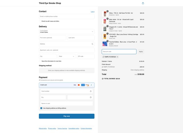 Third Eye Smoke Shop checkout page showing Third Eye Smoke Shop discount code box | Screenshot taken by SimplyCodes community member on Apr 1, 2025