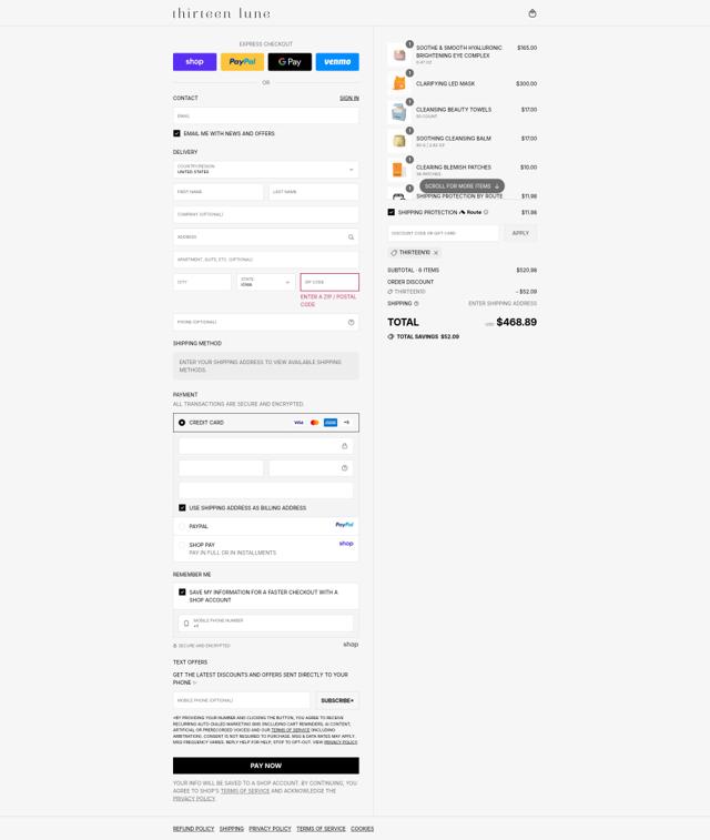 Thirteen Lune checkout page showing Thirteen Lune promo code box | Screenshot taken by SimplyCodes community member on Sep 12, 2025