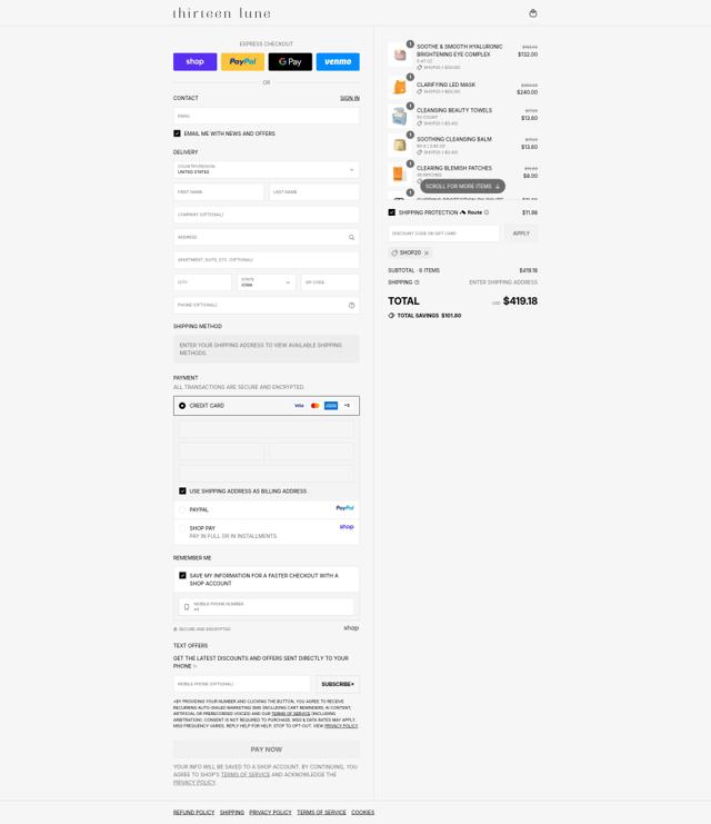 Thirteen Lune checkout page showing Thirteen Lune promo code box | Screenshot taken by SimplyCodes community member on Sep 12, 2025
