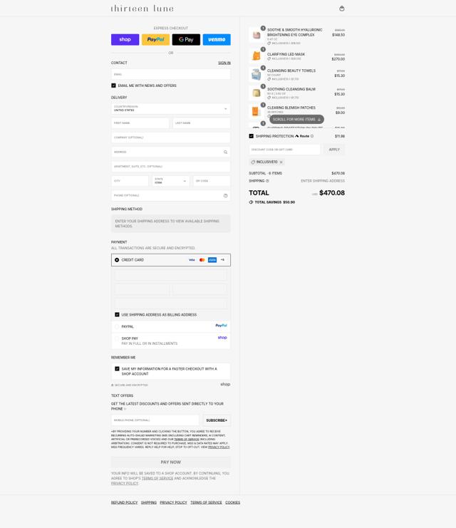 Thirteen Lune checkout page showing Thirteen Lune promo code box | Screenshot taken by SimplyCodes community member on Sep 12, 2025