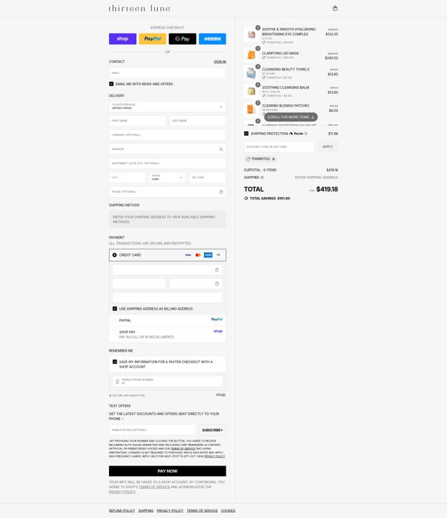 Thirteen Lune checkout page showing Thirteen Lune promo code box | Screenshot taken by SimplyCodes community member on Sep 12, 2025