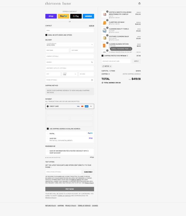 Thirteen Lune checkout page showing Thirteen Lune promo code box | Screenshot taken by SimplyCodes community member on Sep 12, 2025