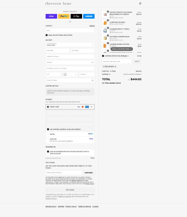 Thirteen Lune checkout page showing Thirteen Lune promo code box | Screenshot taken by SimplyCodes community member on Sep 12, 2025