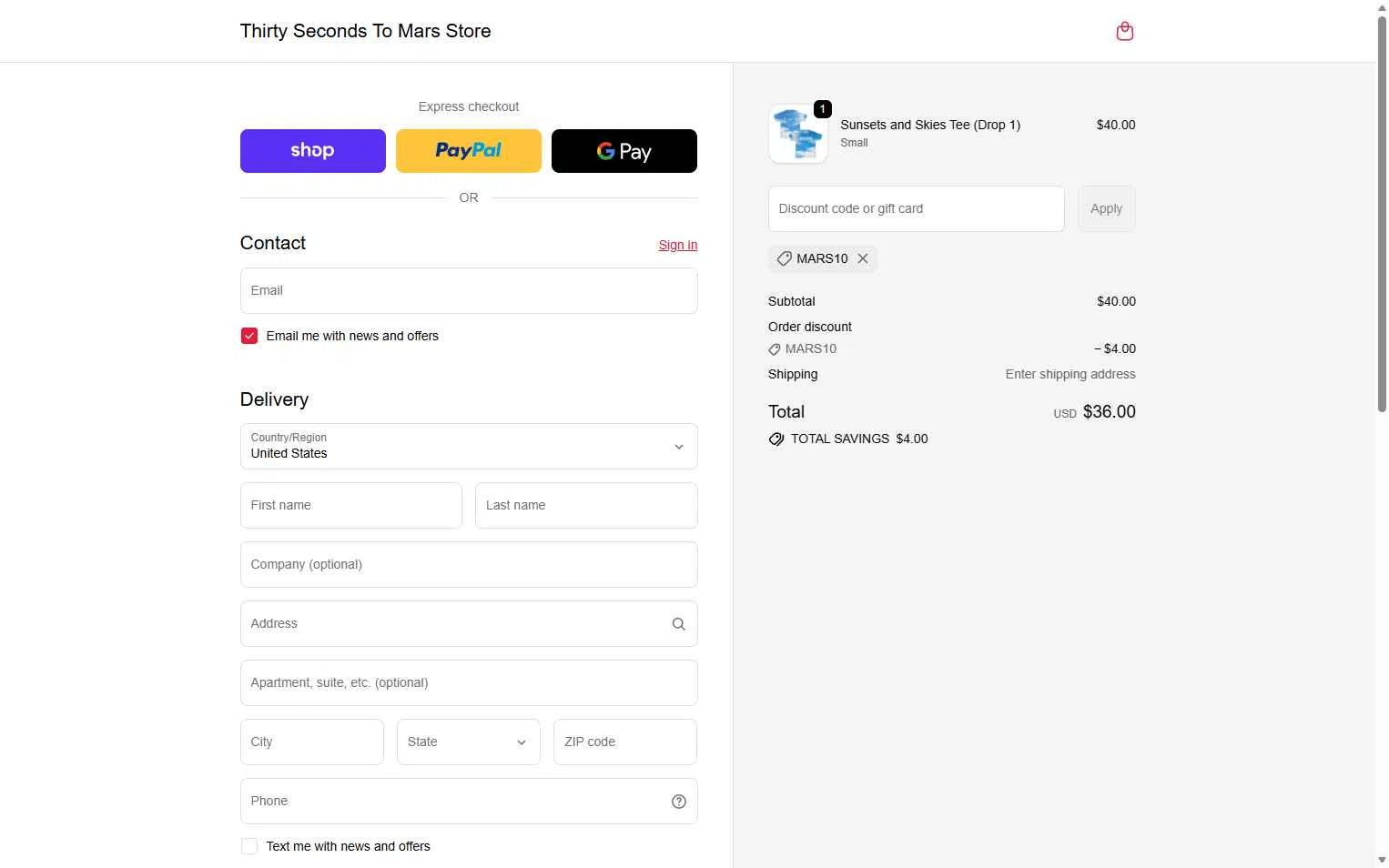 Thirty Seconds to Mars checkout page showing Thirty Seconds to Mars promo code box | Screenshot taken by SimplyCodes community member on Nov 9, 2025