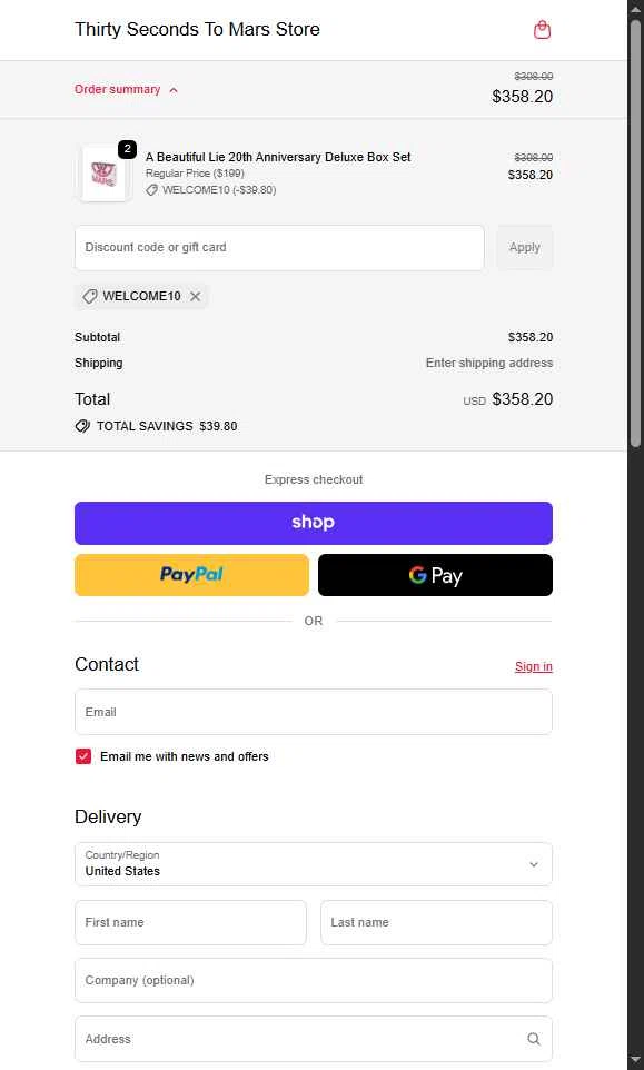 Thirty Seconds to Mars checkout page showing Thirty Seconds to Mars promo code box | Screenshot taken by SimplyCodes community member on Dec 8, 2025