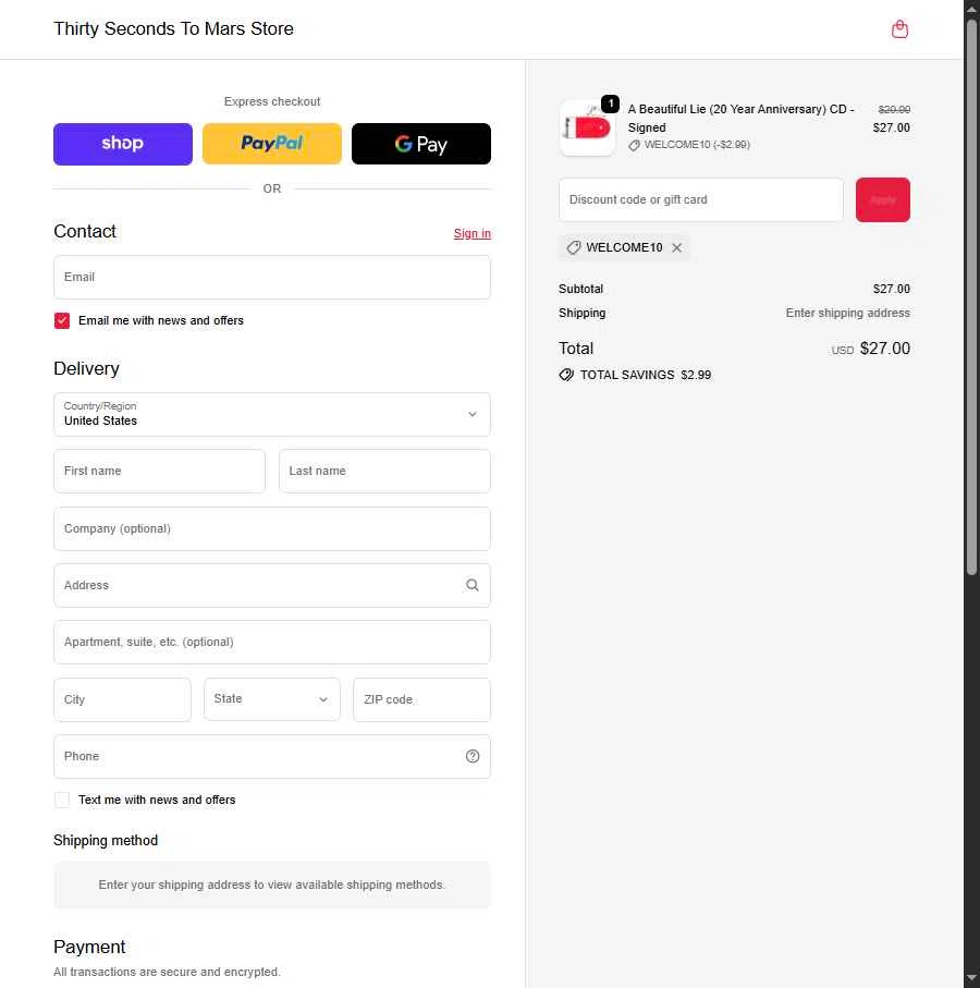 Thirty Seconds to Mars checkout page showing Thirty Seconds to Mars promo code box | Screenshot taken by SimplyCodes community member on Feb 4, 2026