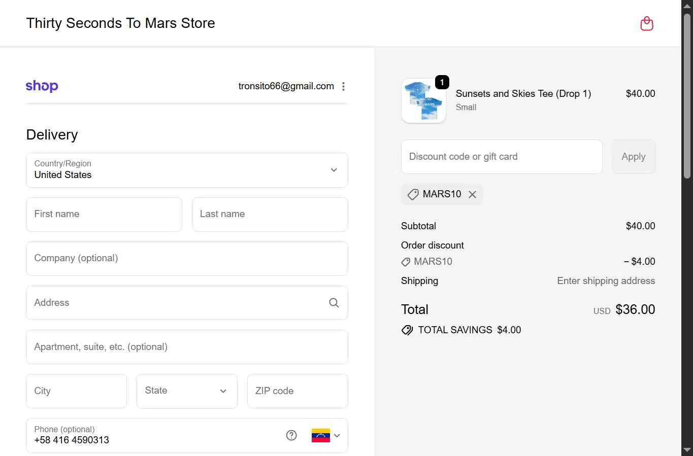 Thirty Seconds to Mars checkout page showing Thirty Seconds to Mars promo code box | Screenshot taken by SimplyCodes community member on Jan 6, 2026