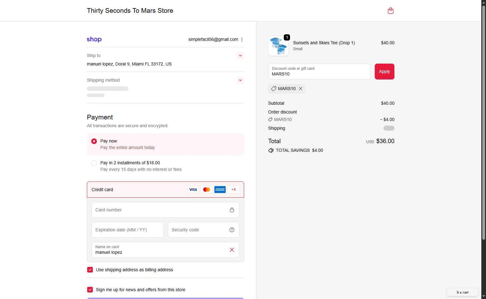 Thirty Seconds to Mars checkout page showing Thirty Seconds to Mars promo code box | Screenshot taken by SimplyCodes community member on Oct 11, 2025